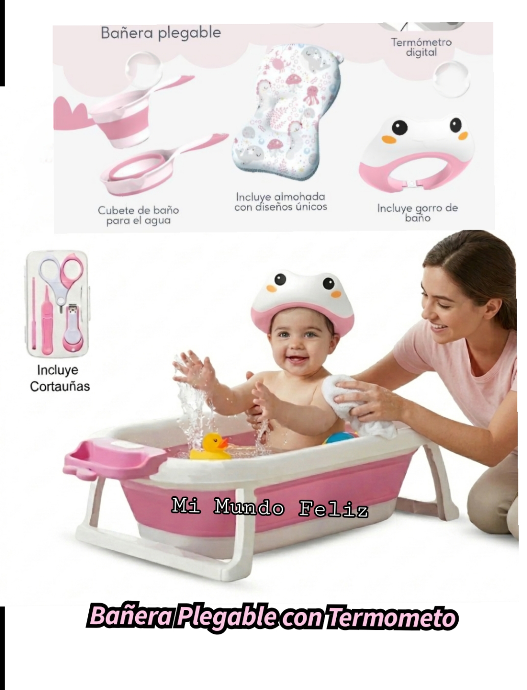 BAÑERA PARA BEBE PLEGABLE CON ACCESORIOS PINK - 1