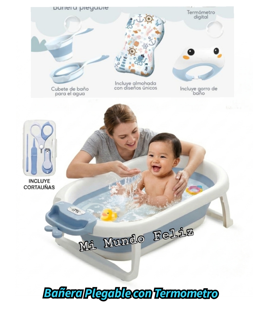 BAÑERA PARA BEBE PLEGABLE CON ACCESORIOS CELESTE - 1