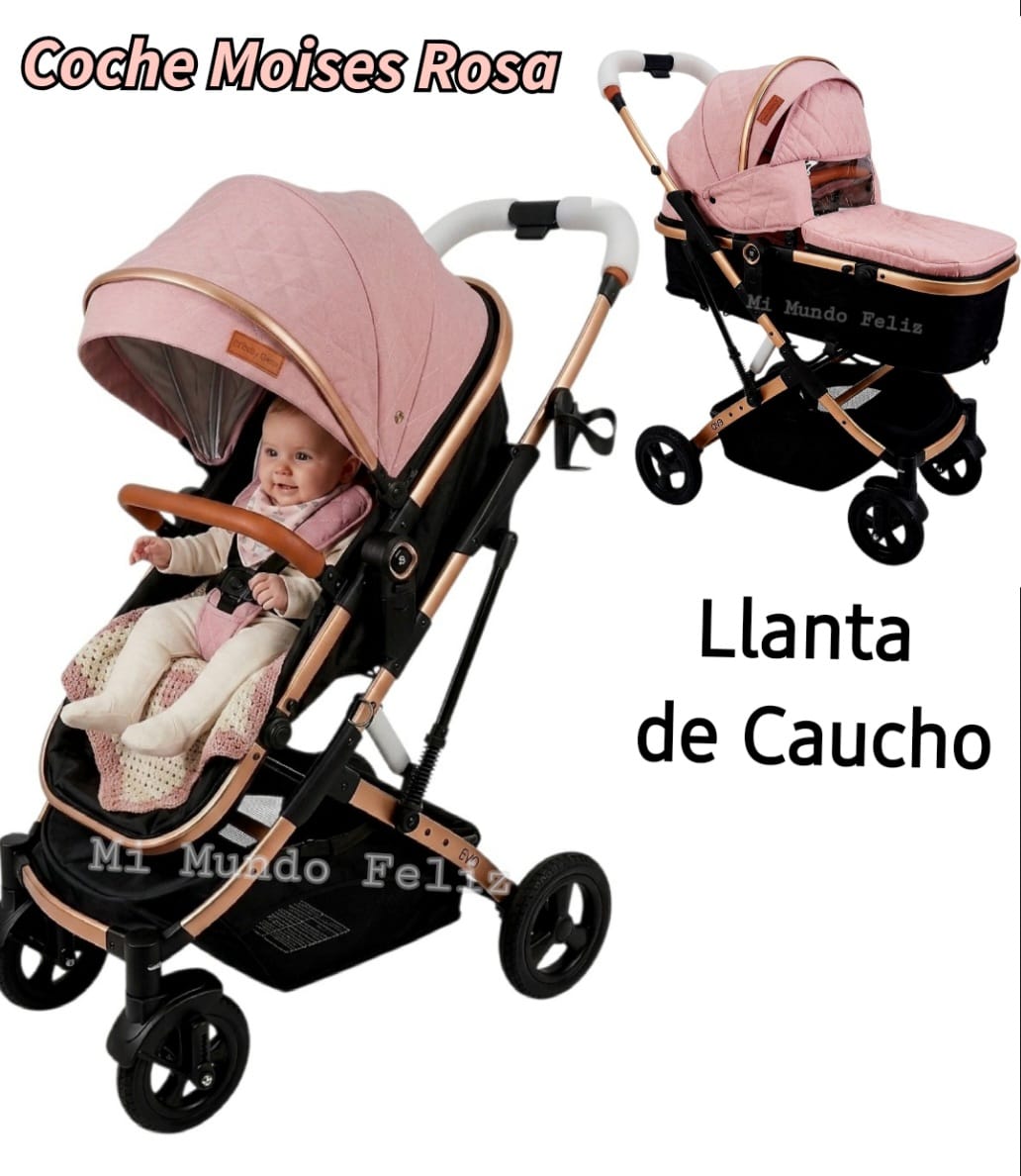 COCHE MOISES PARA BEBE REVERSIBLE ROSADO LLANTAS CAUCHO - 1