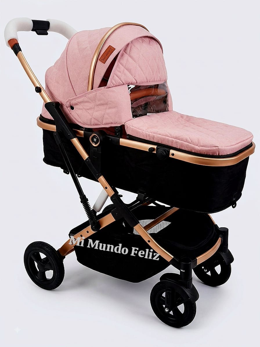 COCHE MOISES PARA BEBE REVERSIBLE ROSADO LLANTAS CAUCHO - 2