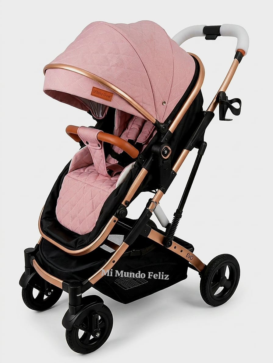 COCHE MOISES PARA BEBE REVERSIBLE ROSADO LLANTAS CAUCHO - 3