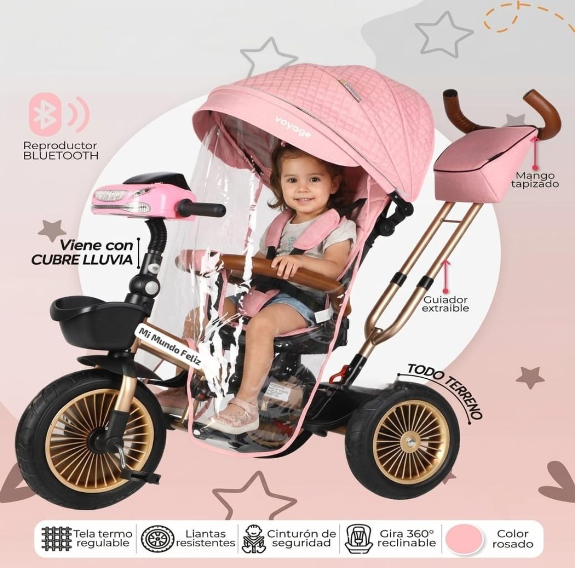 TRICICLO PARA NIÑOS LLANTAS GOMA ASIENTO GIRATORIO ROSADO GOLDEN - 1