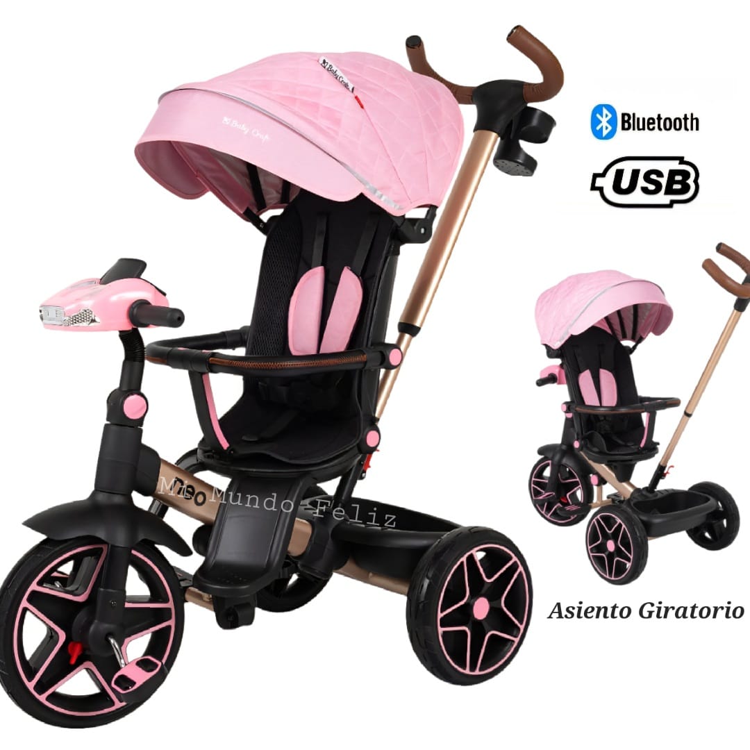 TRICICLO PARA NIÑOS MUSICAL ASIENTO 360 LLANTAS JEBE STARS PINKS - 1