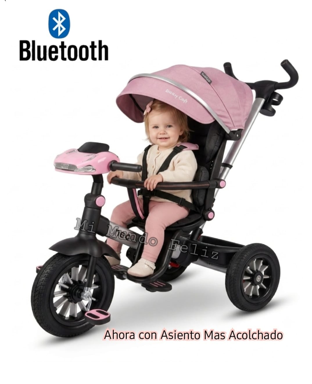 TRICICLO PARA NIÑOS MUSICAL ASIENTO 360 LLANTAS CAUCHO STARS ROSA - 1