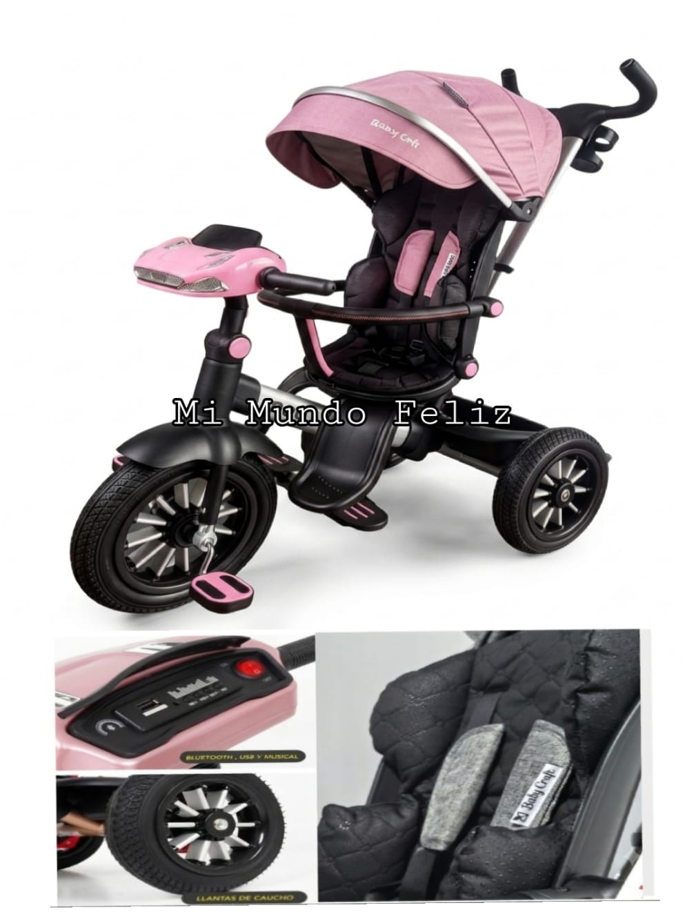 TRICICLO PARA NIÑOS MUSICAL ASIENTO 360 LLANTAS CAUCHO STARS ROSA - 2