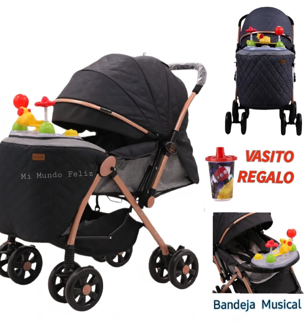 COCHE PARA BEBE CON BANDEJA MUSICAL ACOLCHADO NEGRO - 1