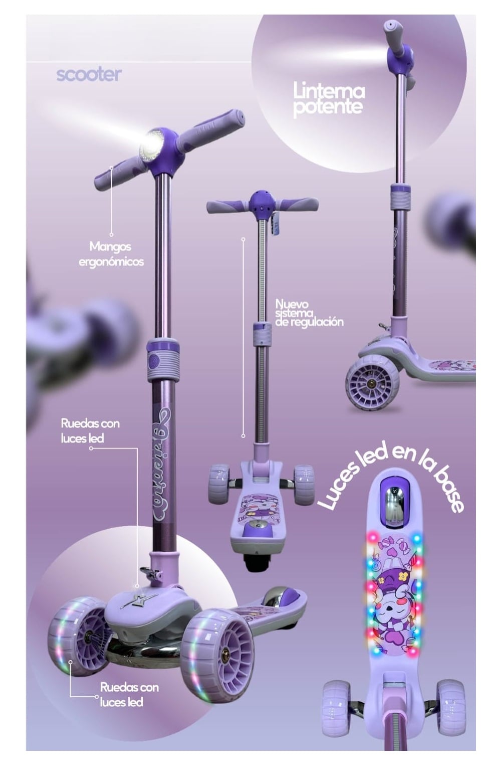 SCOOTER PARA NIÑOS LUCES BLUETOOTH PURPLE PRINCESS - 2