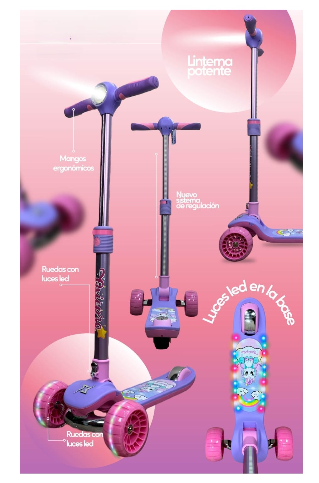 SCOOTER PARA NIÑOS LUCES BLUETOOTH PURPLES - 2