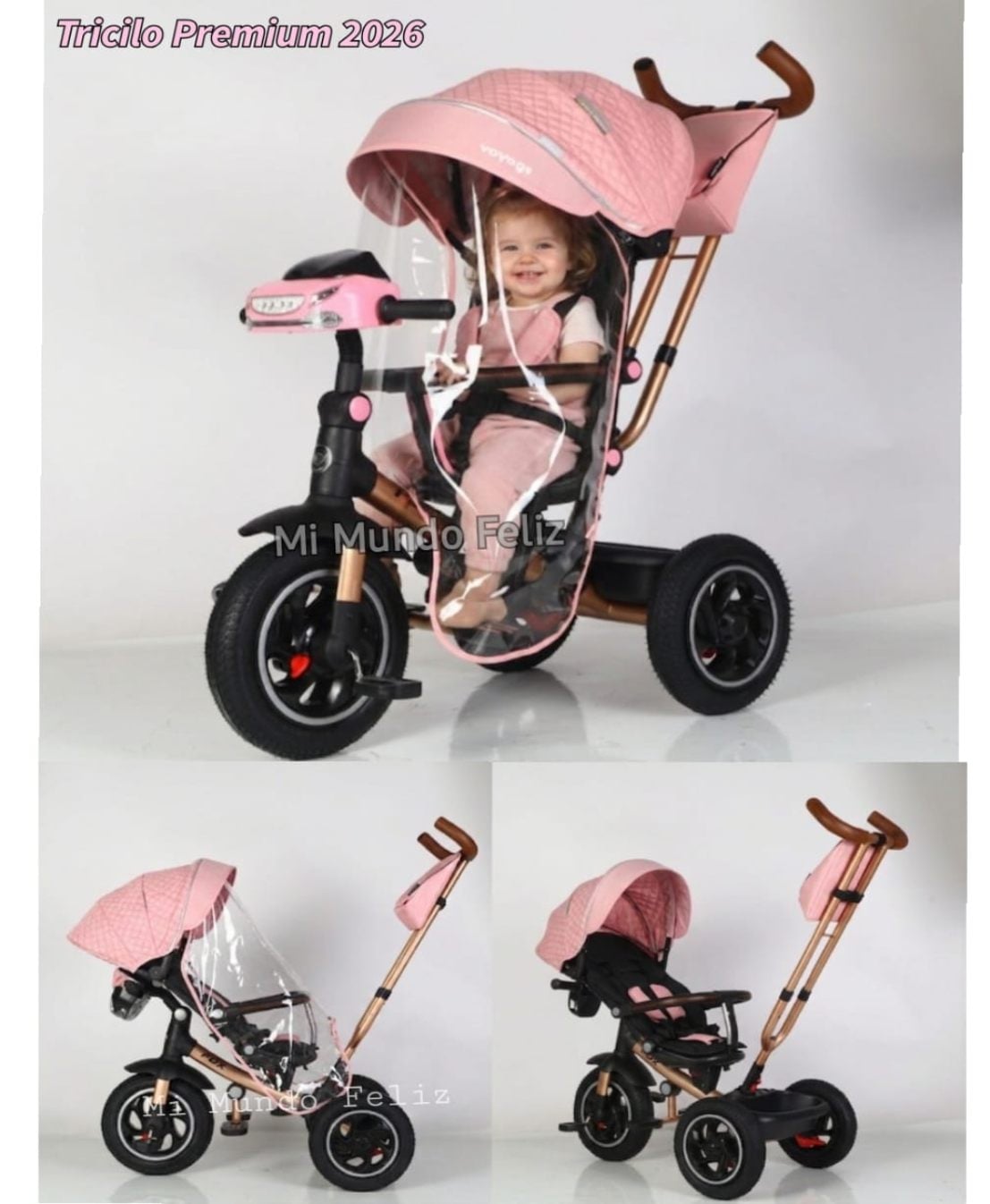 TRICICLO PARA NIÑOS ASIENTO GIRATORIO LLANTAS GOMA PREMIUM ROSA - 1