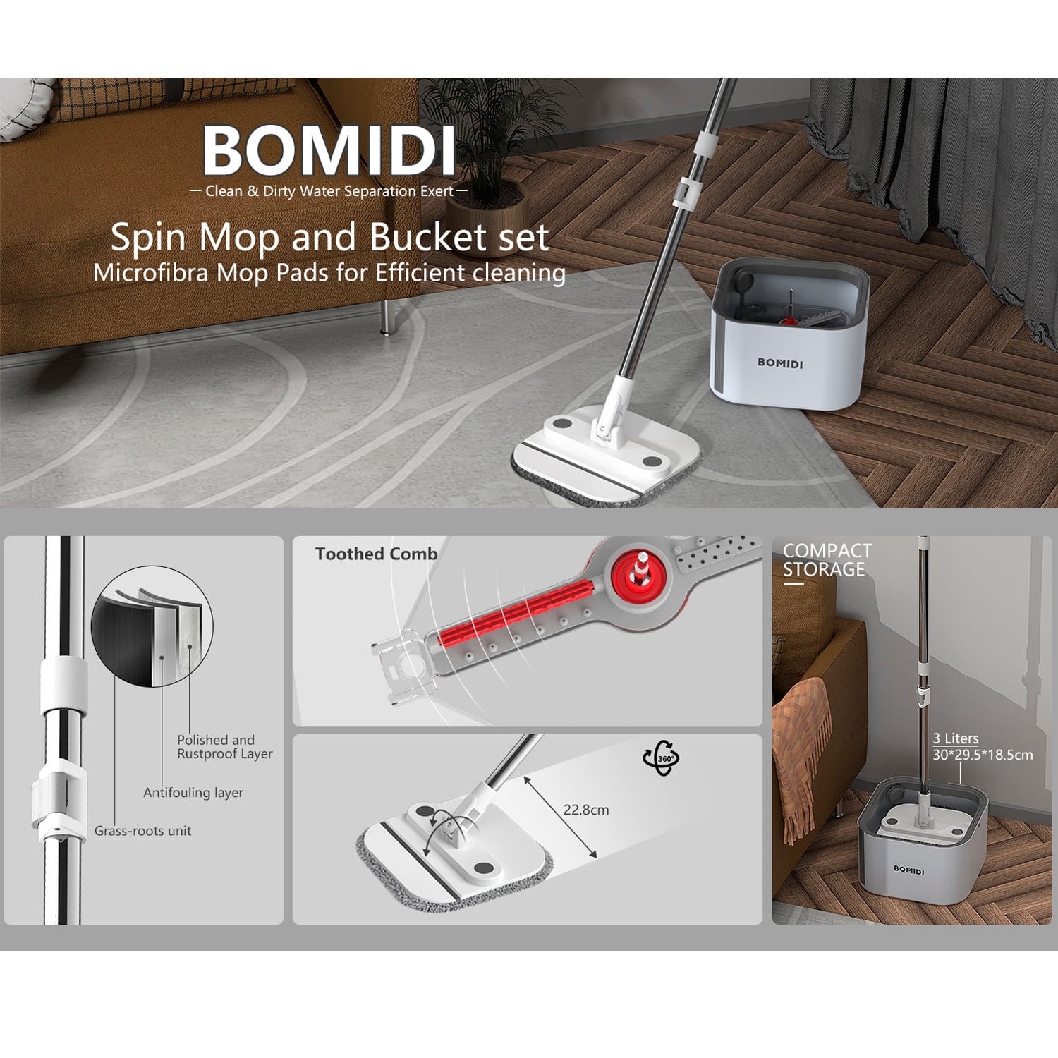 TRAPEADOR BOMIDI GIRATORIO MICROFIBRA 3 EN 1 M20 BLANCO - 2