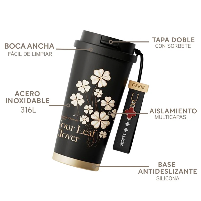 VASO TÉRMICO GERM CLOVER 500 ML NEGRO DISEÑO ELEGANTE - 2