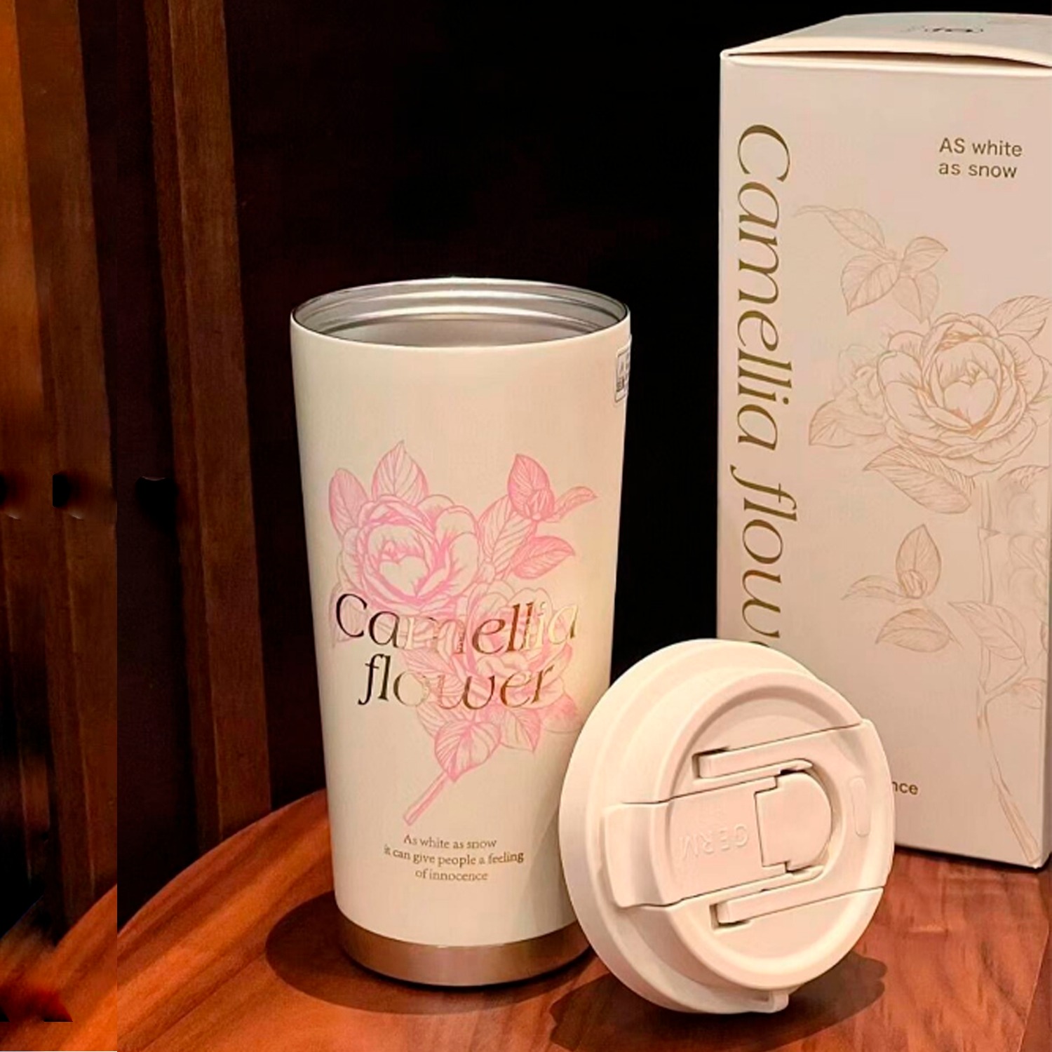 VASO TÉRMICO GERM CAMELLIA 500 ML BLANCO‑ROSA ACERO PREMIUM - 3