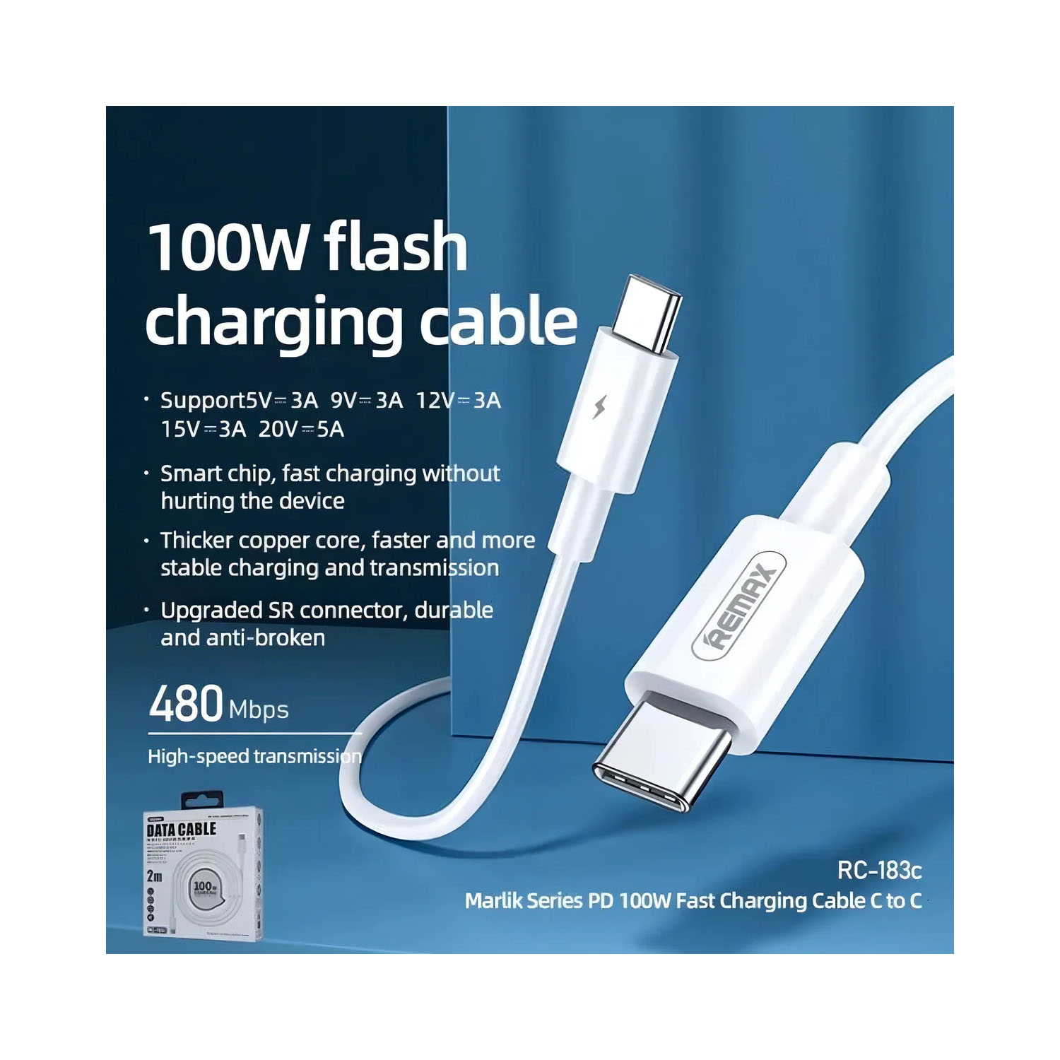 CABLE DE CARGA RÁPIDA REMAX RC-183C TYPE-C TO C BLANCO 2METROS - 2