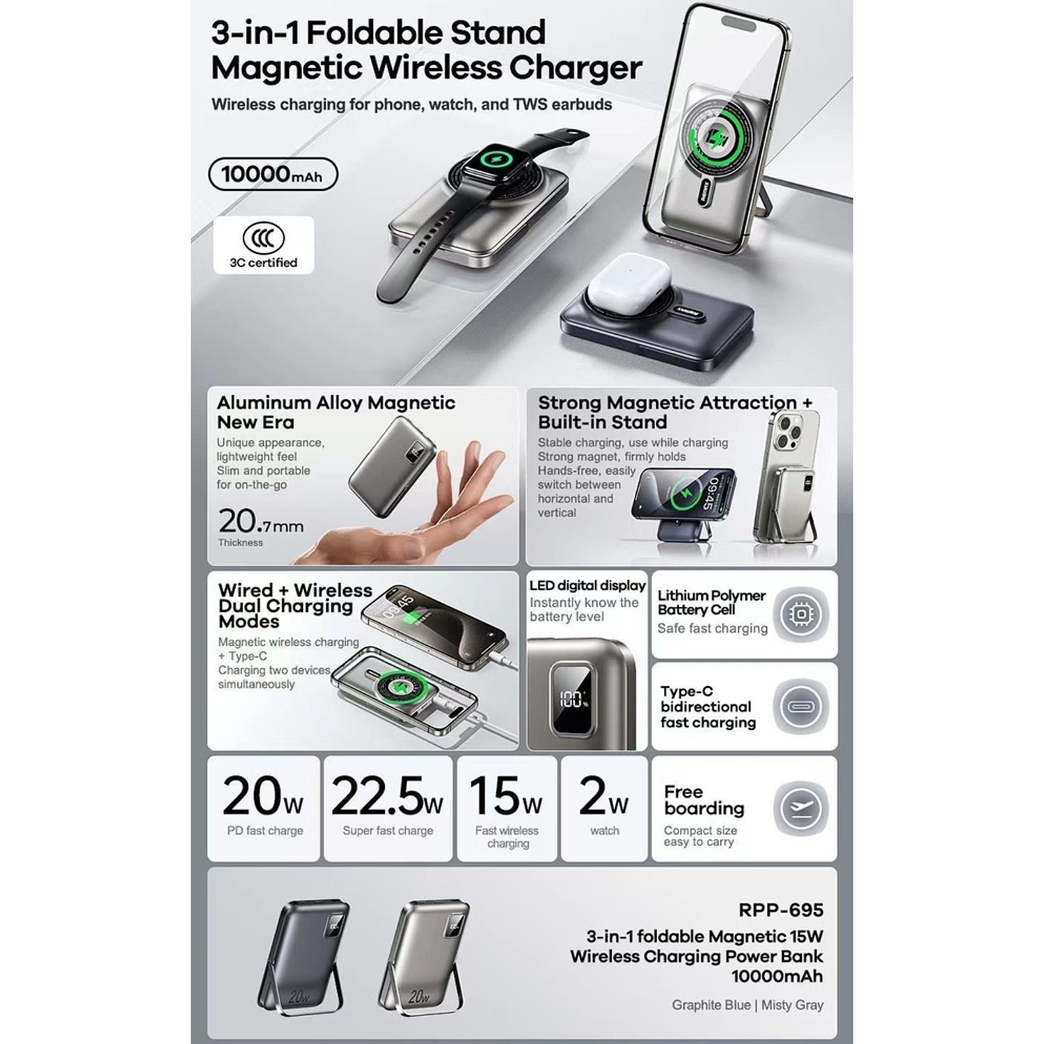 POWER BANK MAGNÉTICO REMAX RPP-695 AZUL 10000MAH PD20W - 4