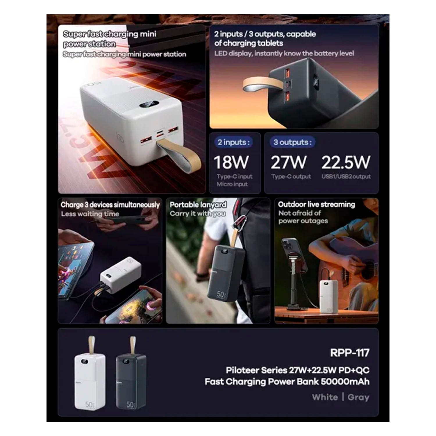 POWER BANK REMAX RPP-117 GRIS 50000MAH PD27W CARGA RÁPIDA - 2