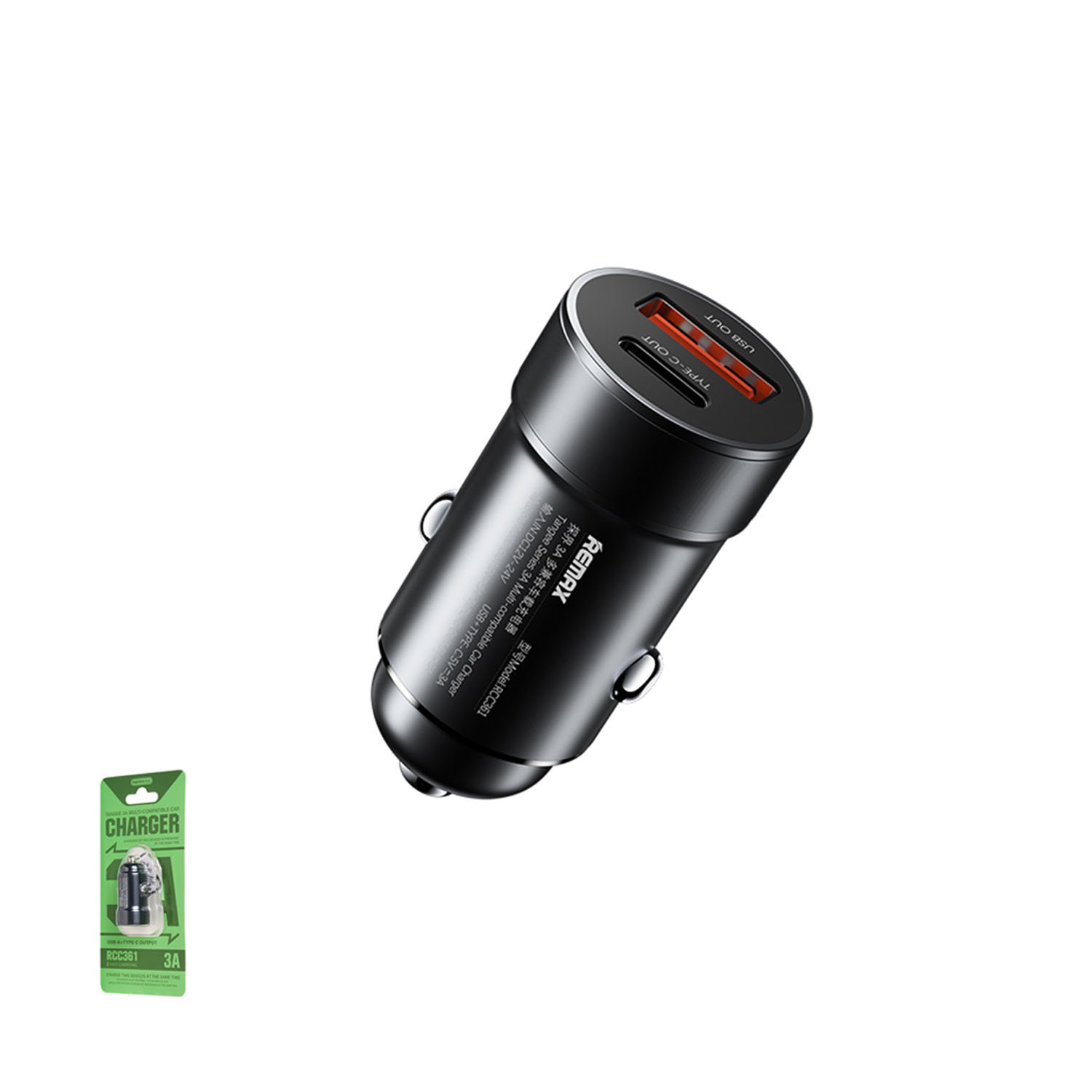 CARGADOR PARA AUTO REMAX RCC361 NEGRO 3A - 1