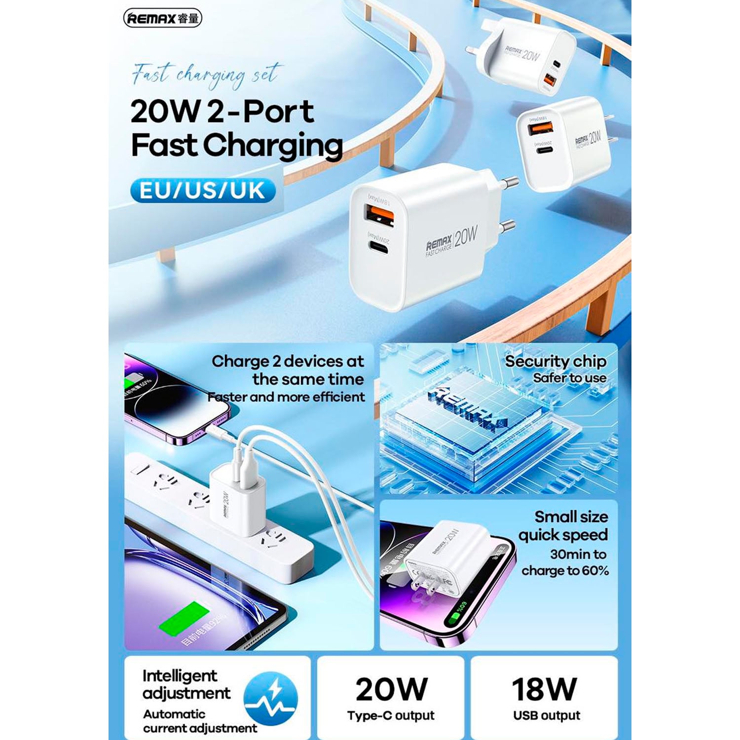 CARGADOR RÁPIDO REMAX FAST CHARGER SET RP-U120 BLANCO 20W - 3