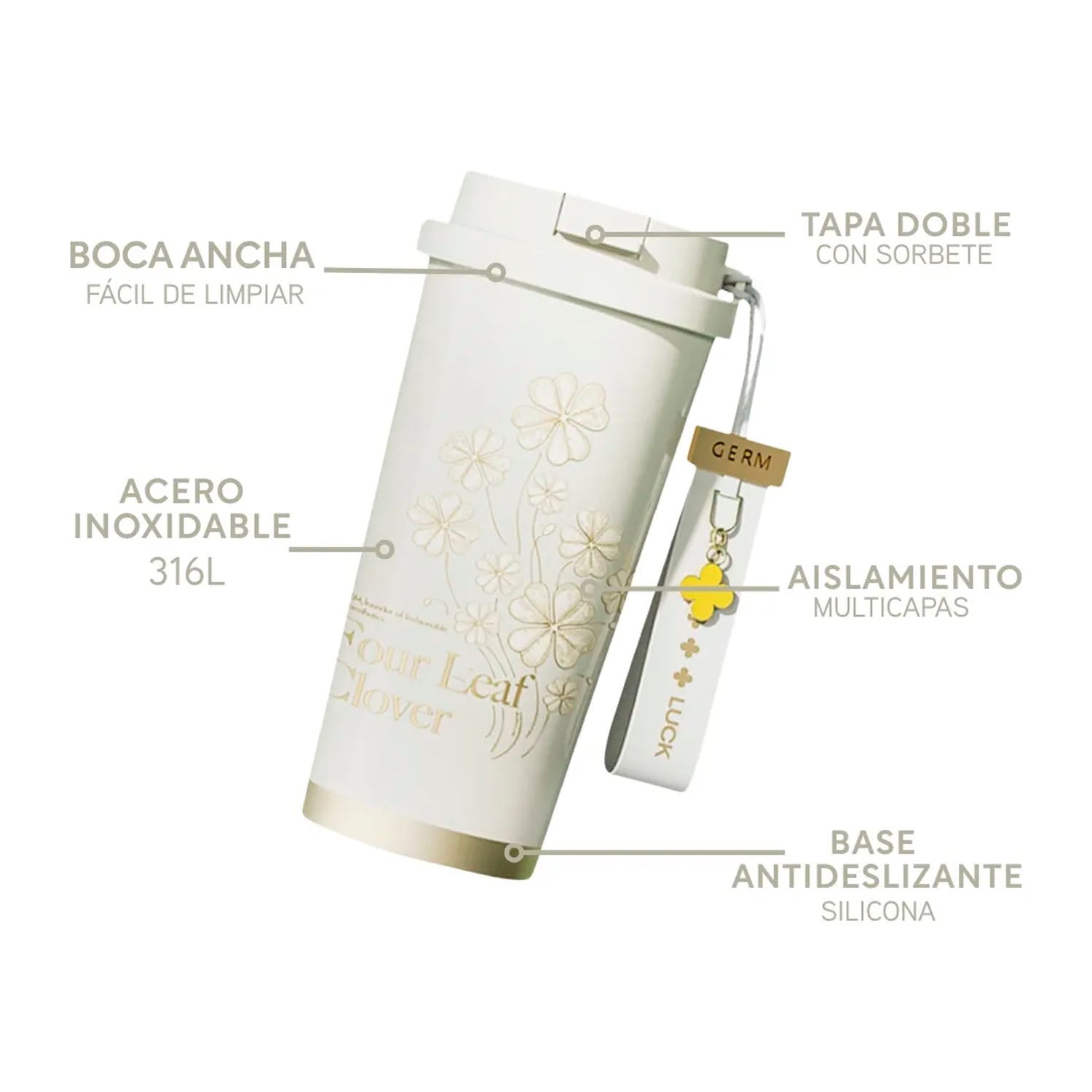 VASO TÉRMICO GERM CLOVER BLANCO Y DORADO 500 ML - 3