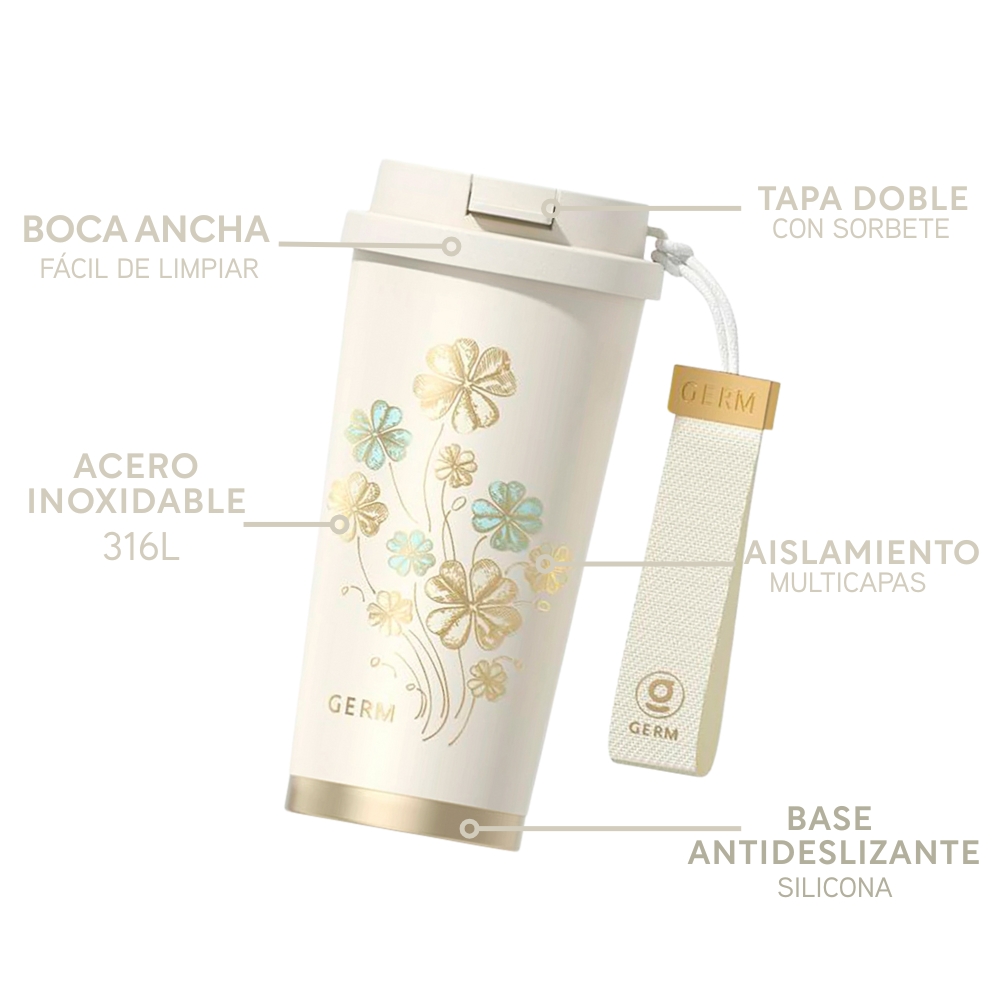VASO TÉRMICO GERM TREBOL BLANCO 500ML ACERO INOXIDABLE - 2