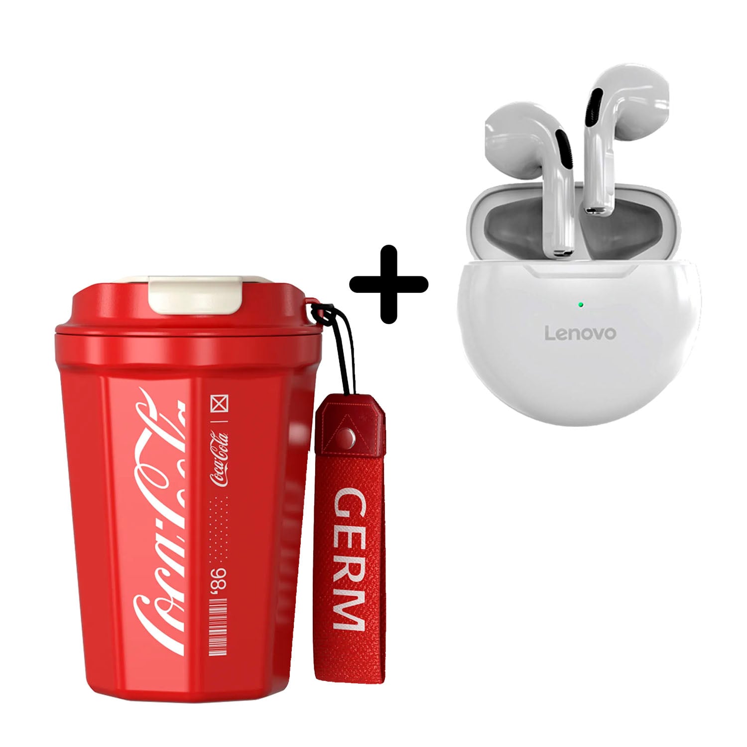 COMBO VASO COCA-COLA ROJO 390ML + AUDÍFONO LENOVO HT38 BLANCO - 1