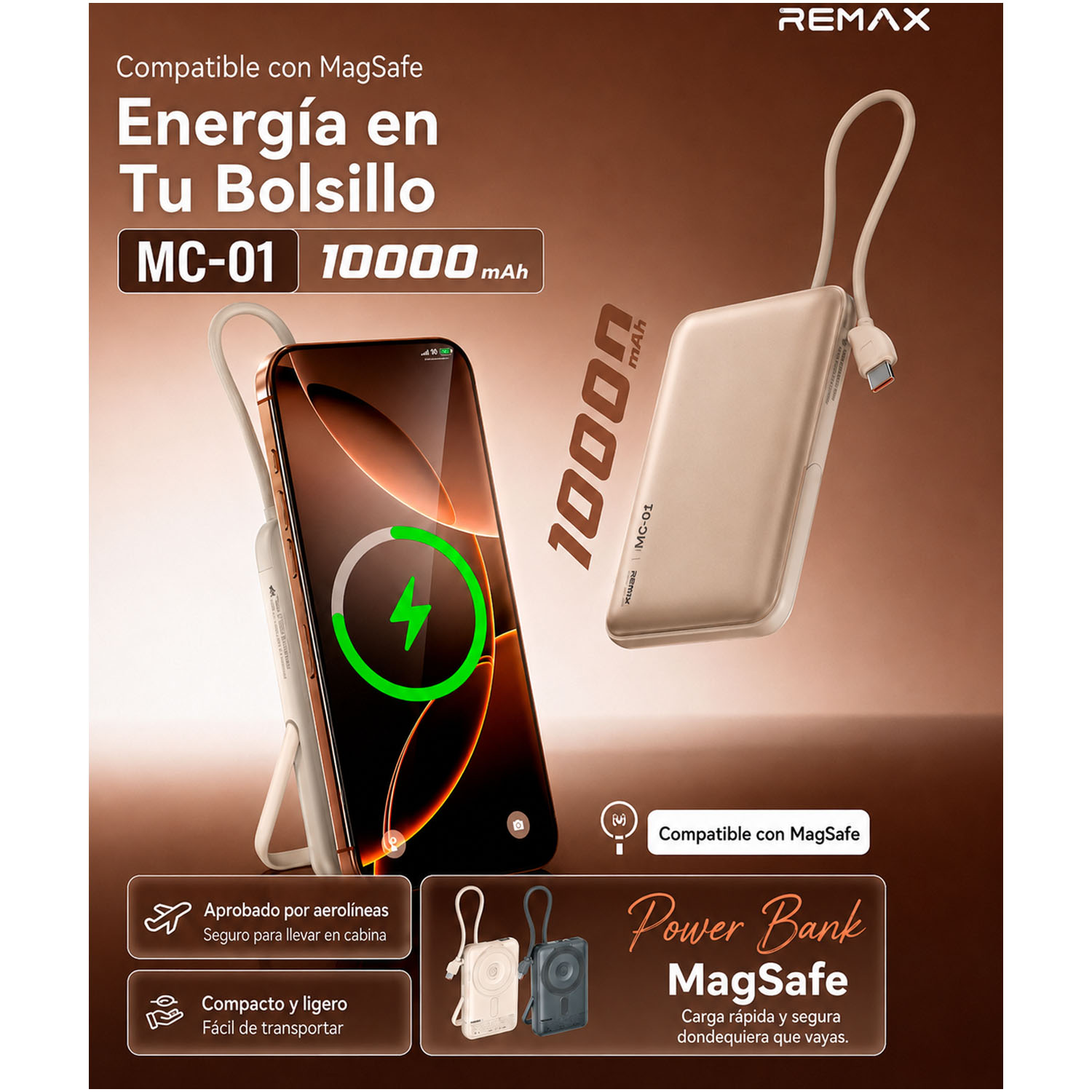 POWER BANK MAGNÉTICO REMAX MC-01 3 EN 1 SILVER 10000MAH 15W - 3