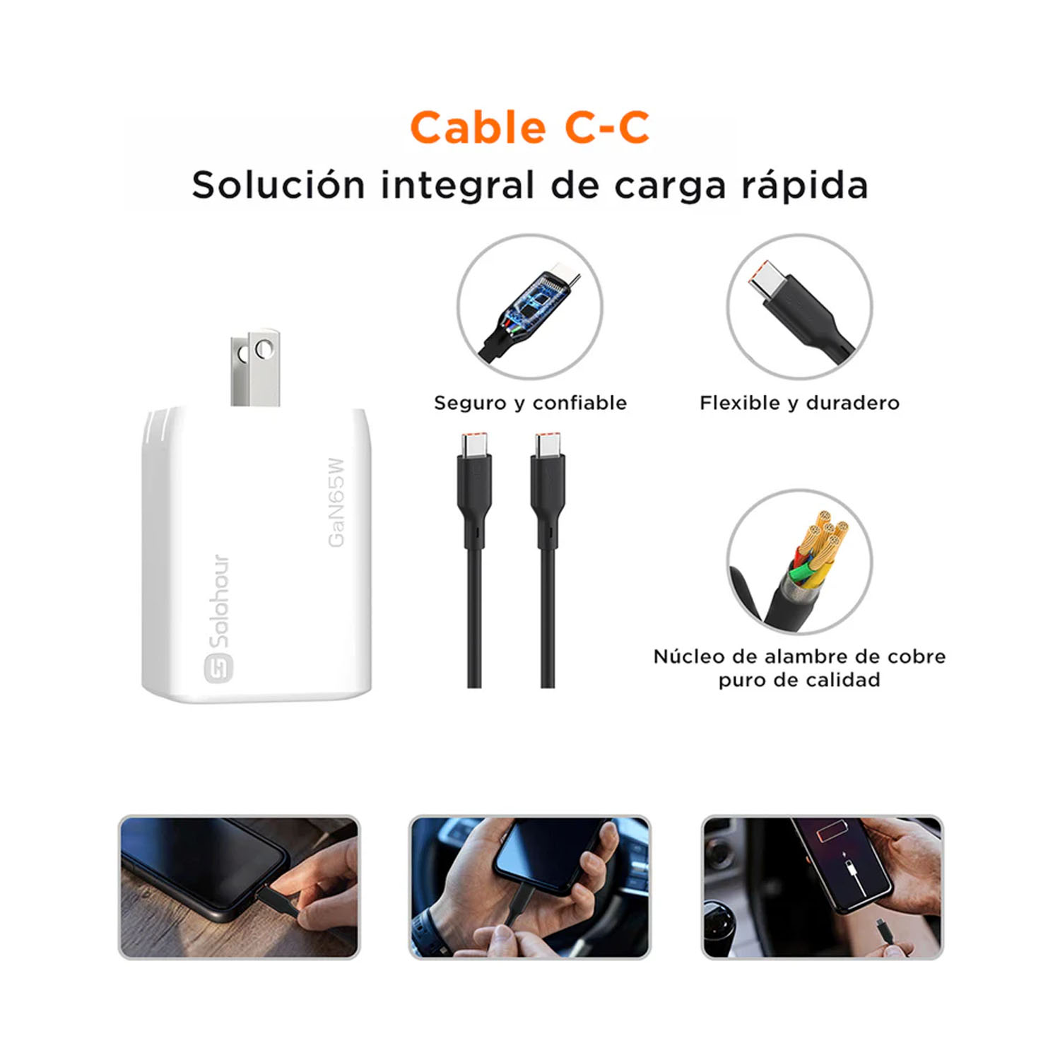CARGADOR RÁPIDO SOLOHOUR GAN 65W 3 EN 1 CON CABLE USB-C A USB-C NEGRO - 3