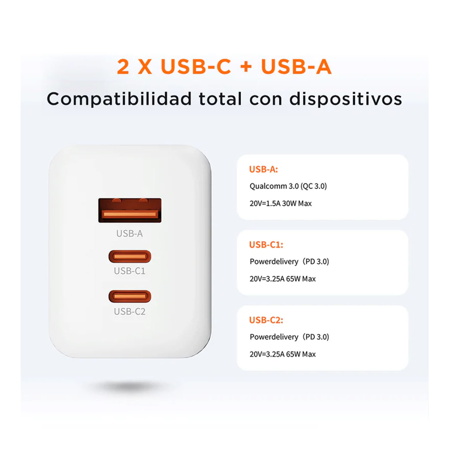 CARGADOR RÁPIDO SOLOHOUR GAN 65W 3 EN 1 CON CABLE USB-C A USB-C NEGRO - 4