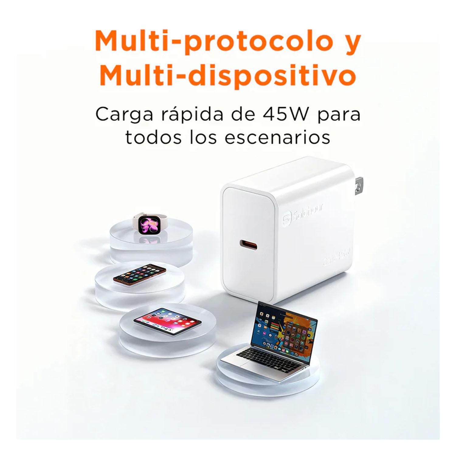 CARGADOR RÁPIDO SOLOHOUR GAN 45W CON CABLE USB-C A USB-C BLANCO - 5