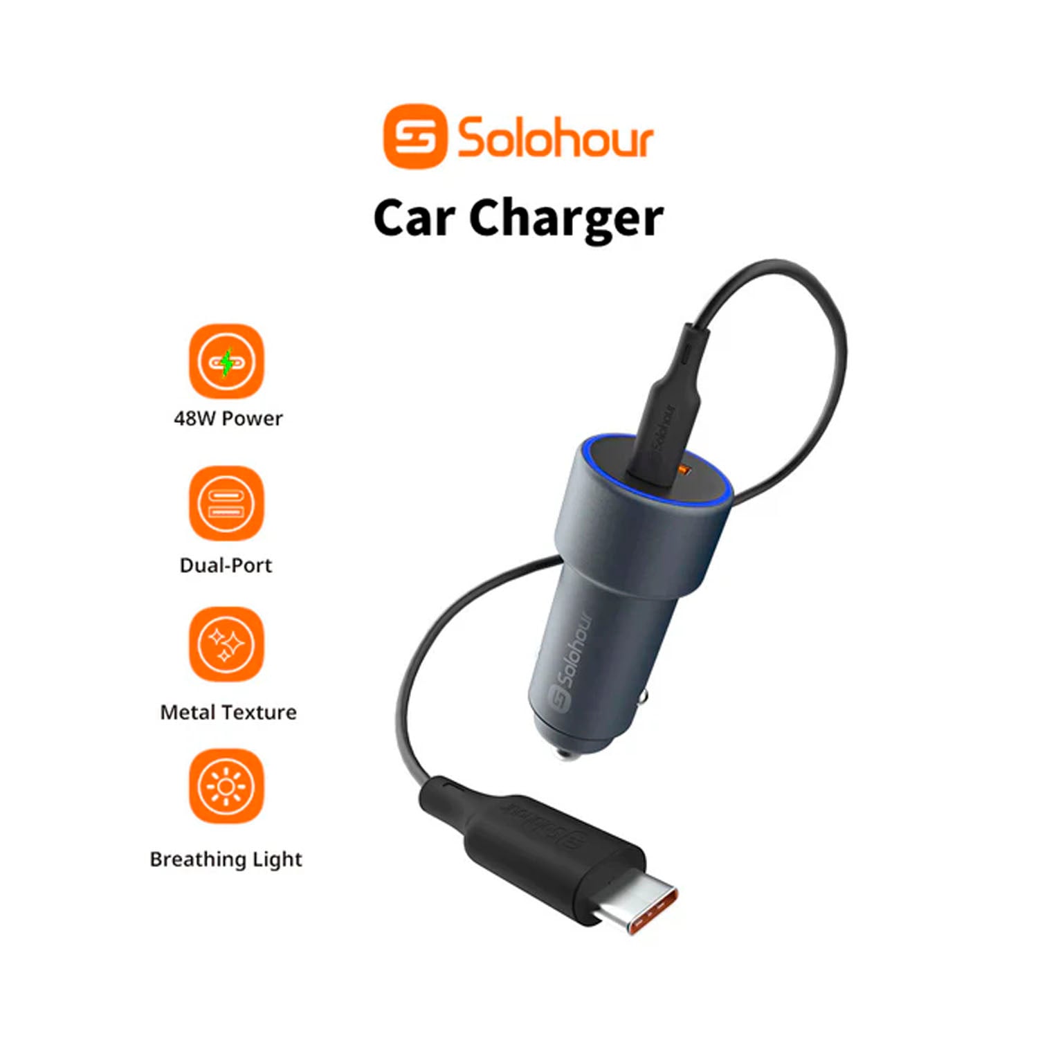 KIT PARA CARRO SOLOHOUR CARGADOR 2 PUERTOS 48W + CABLE TYPE-C TO TYPE-C - 2