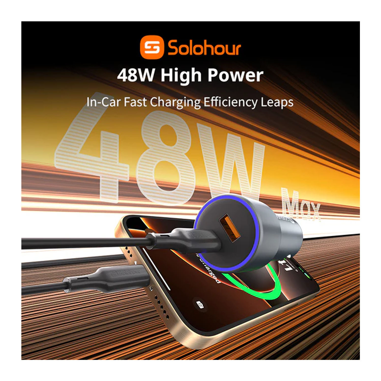 KIT PARA CARRO SOLOHOUR CARGADOR 2 PUERTOS 48W + CABLE TYPE-C TO TYPE-C - 3