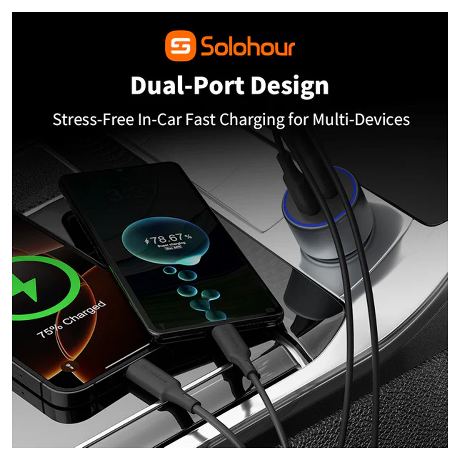 KIT PARA CARRO SOLOHOUR CARGADOR 2 PUERTOS 48W + CABLE TYPE-C TO TYPE-C - 4