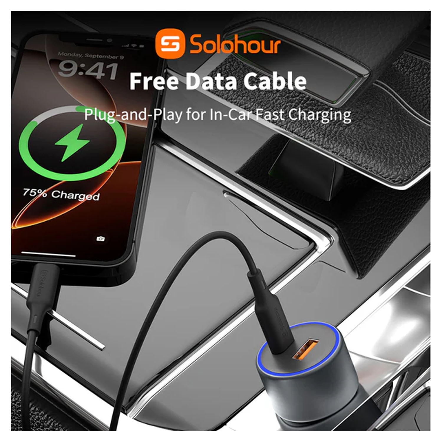 KIT PARA CARRO SOLOHOUR CARGADOR 2 PUERTOS 48W + CABLE TYPE-C TO TYPE-C - 7