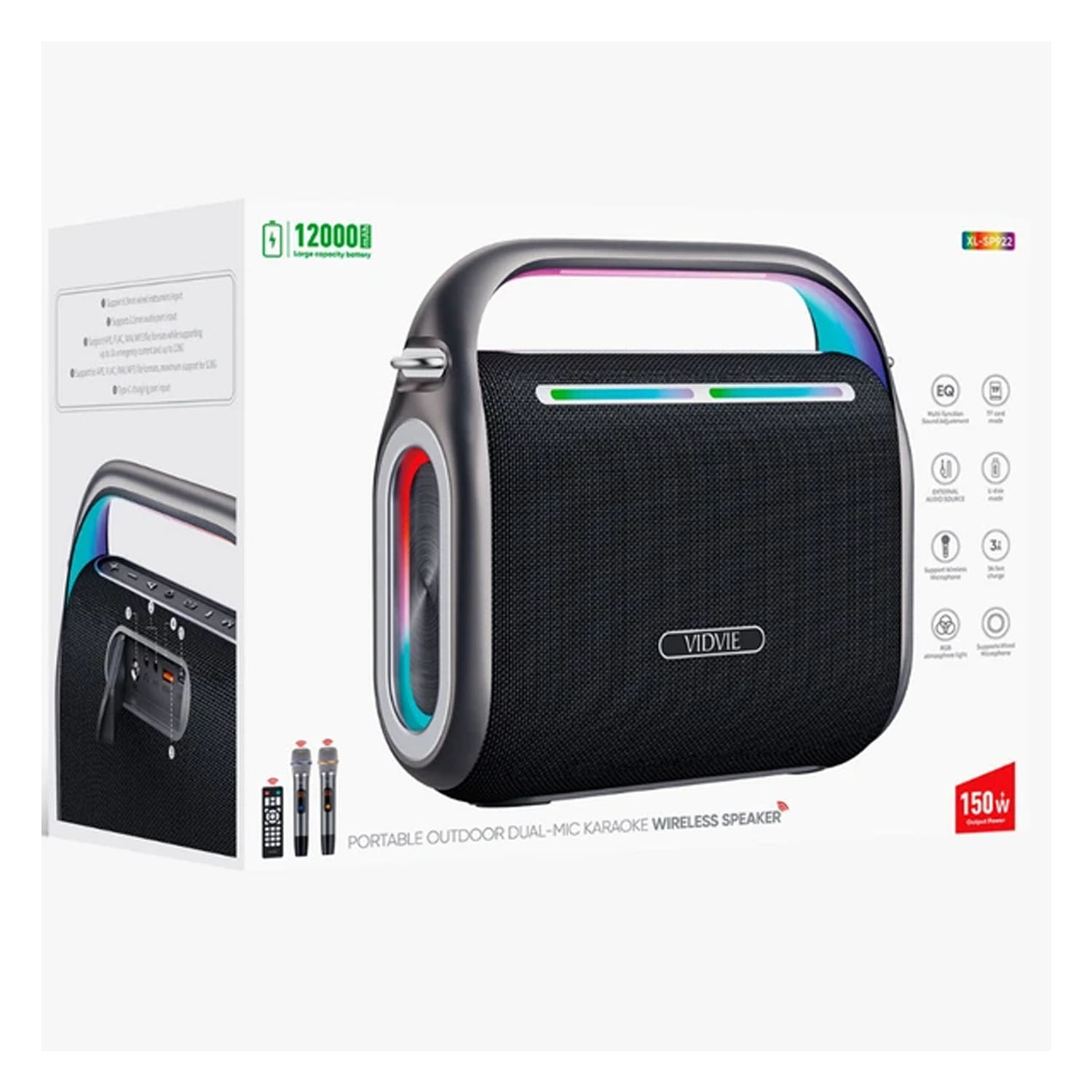 PARLANTE KARAOKE PORTÁTIL VIDVIE XL-SP922 150W NEGRO CON 2 MICRÓFONOS - 4