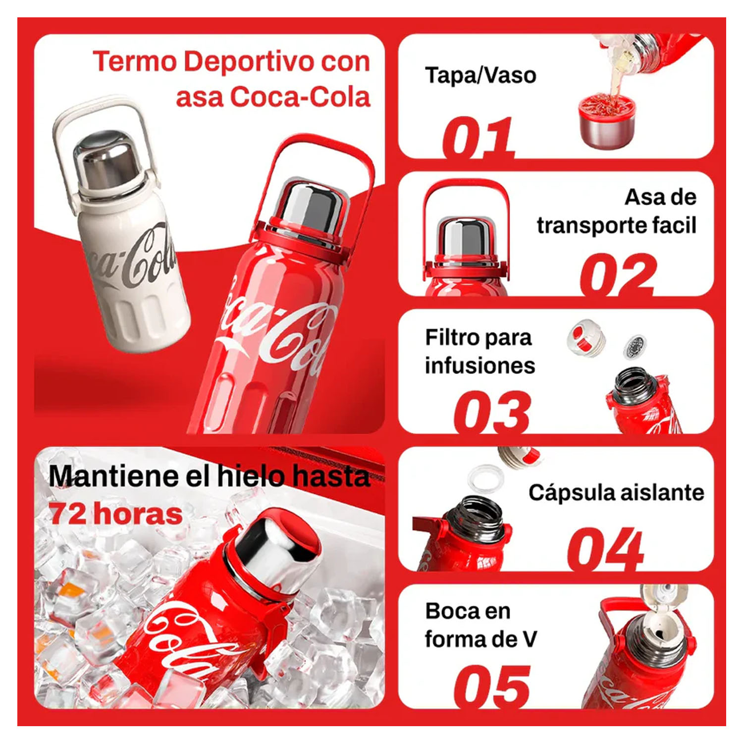 TERMO DEPORTIVO COCA‑COLA BLANCO ESTELAR 800ML CON TAPA TAZA - 2