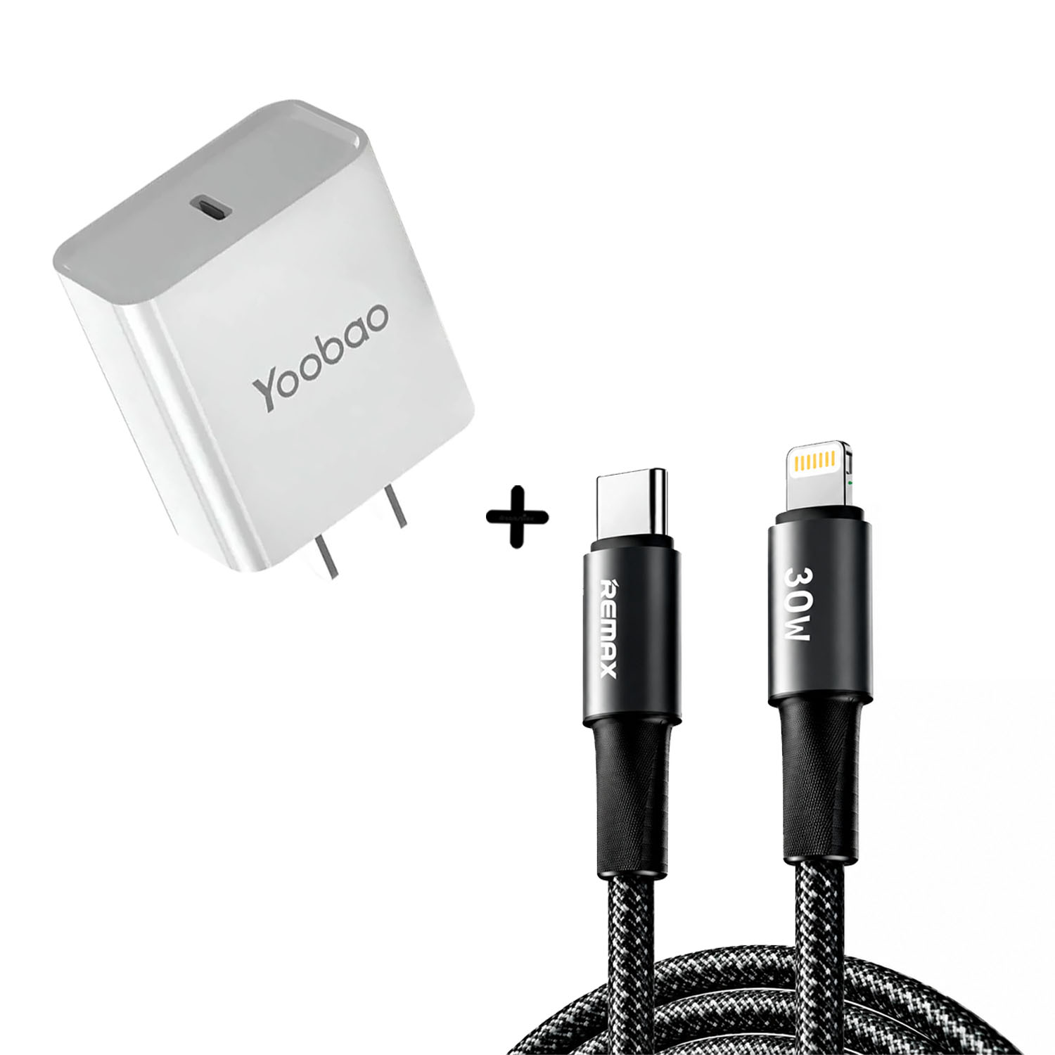 COMBO CABLE REMAX CB25 USB-C A LIGHTNING 30W + CARGADOR YOBAOO RY-U56PD - 1