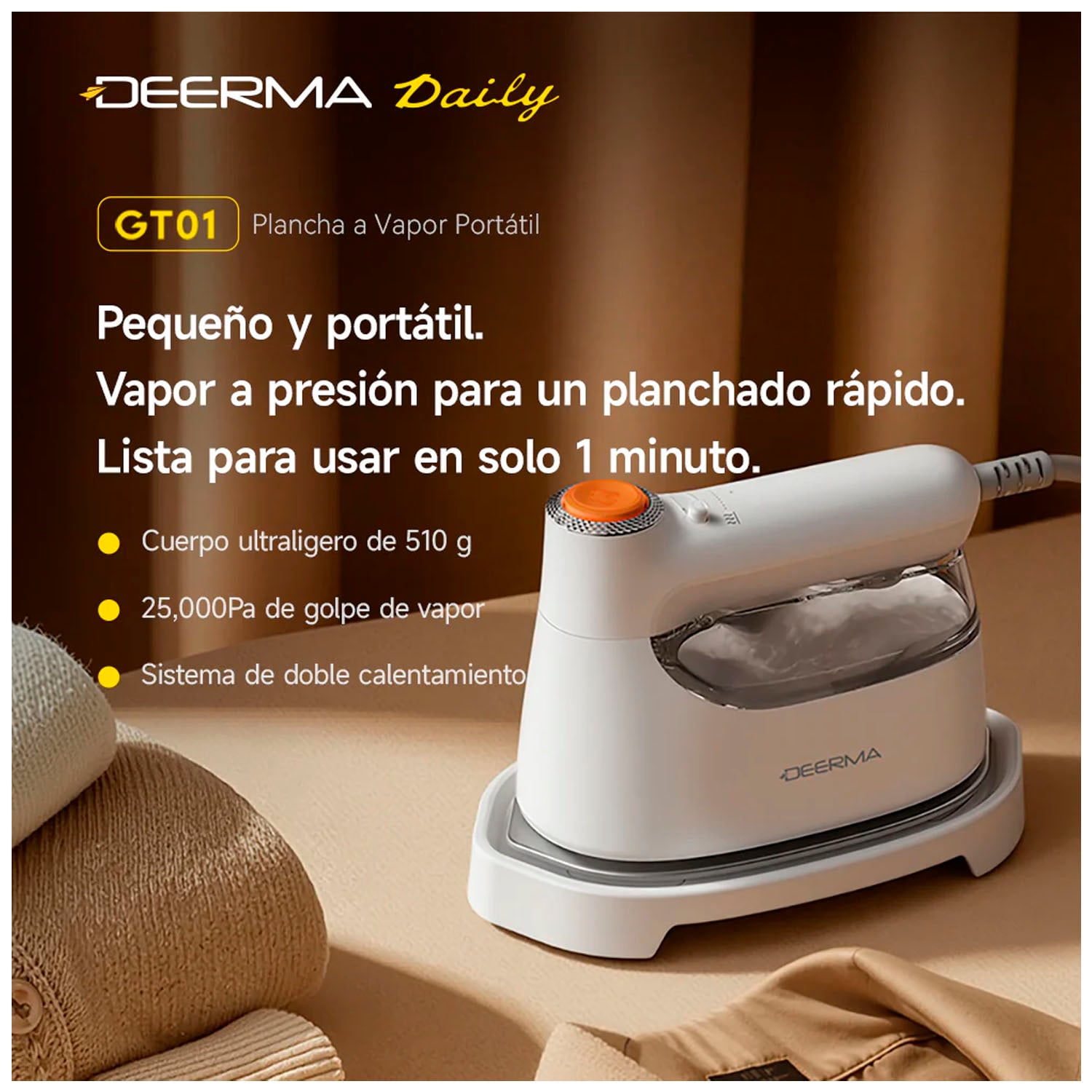 PLANCHA Y VAPORIZADOR DEERMA GT01 PORTÁTIL BLANCO 1400W - 4