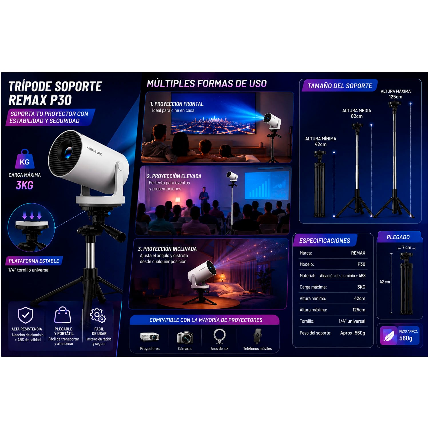 COMBO PROYECTOR MAGCUBIC HY300 PRO + SOPORTE REMAX P30 - 3