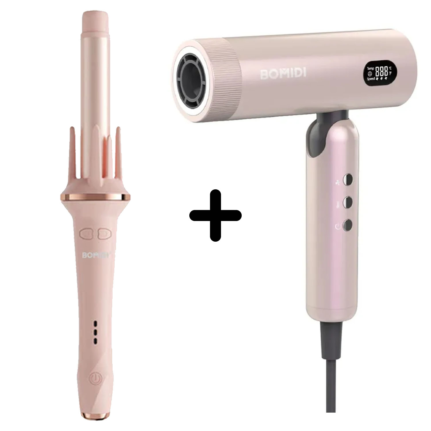 COMBO BOMIDI SECADORA HD08 DORADO + RIZADOR AUTOMÁTICO HC02 ROSA - 1