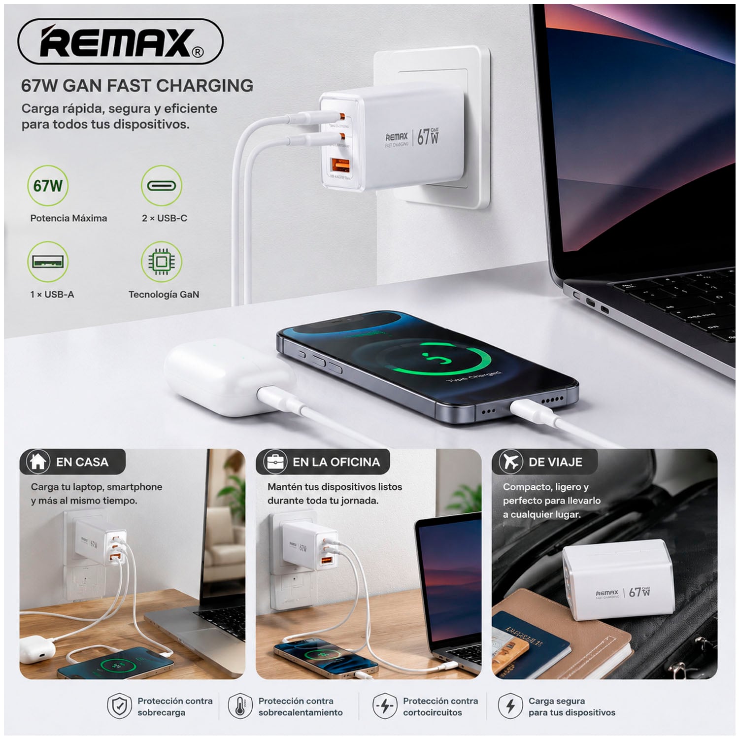 CARGADOR RÁPIDO REMAX CA02 67W GAN BLANCO 2 USB-C + USB-A + CABLE 100W - 3