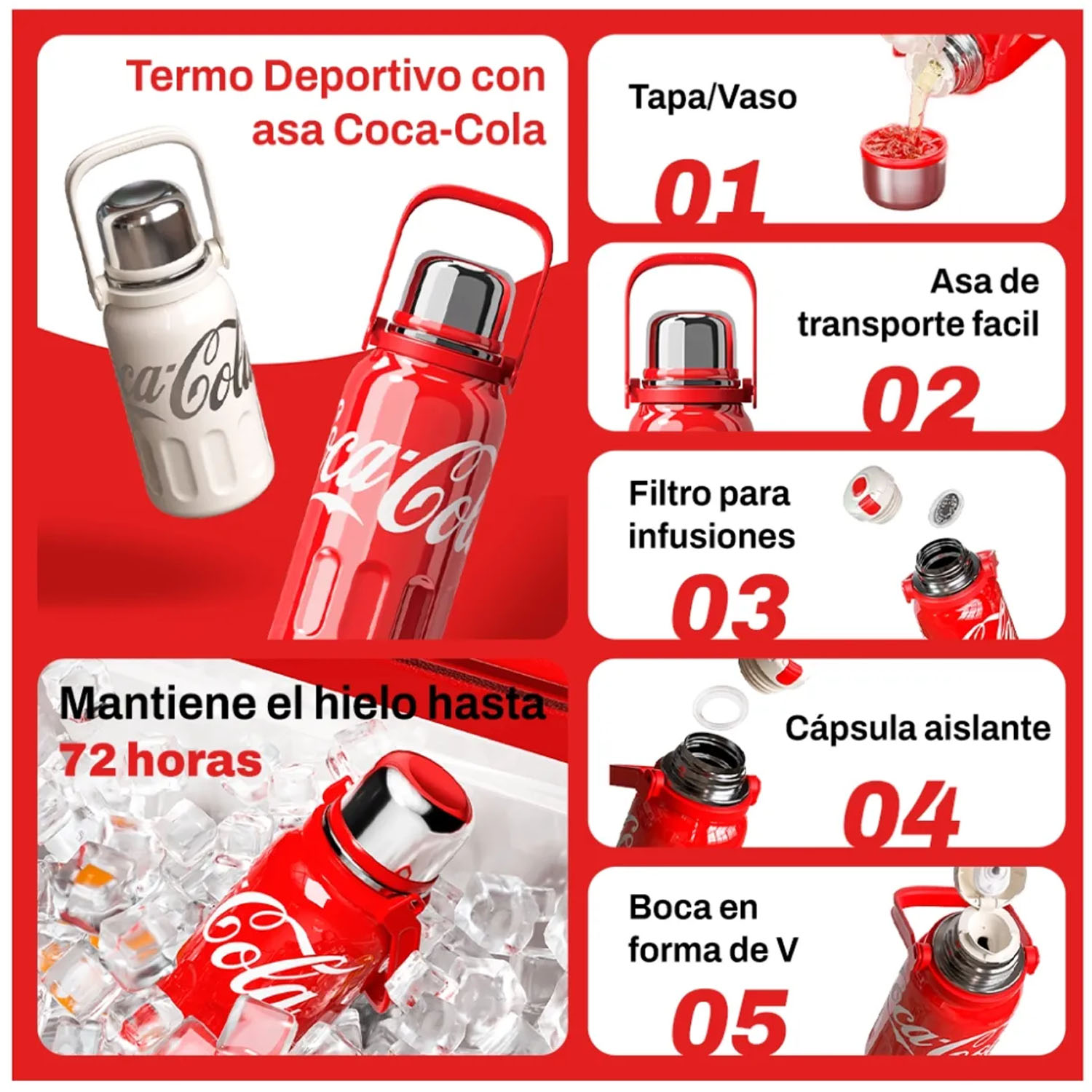 TERMO DEPORTIVO GERM COCA-COLA ROJO 1200ML ACERO INOXIDABLE - 6