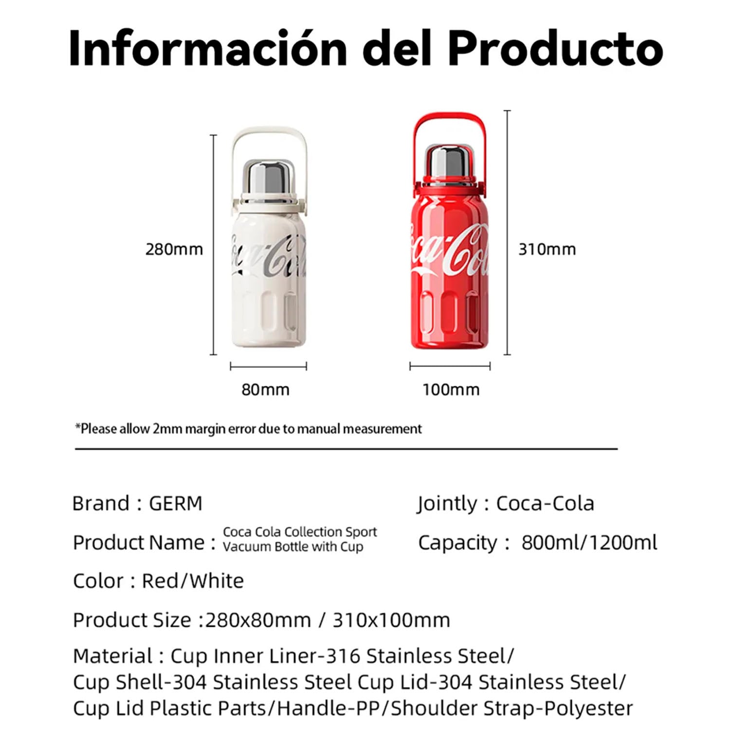 TERMO DEPORTIVO GERM COCA-COLA BLANCO1200ML ACERO INOXIDABLE - 3