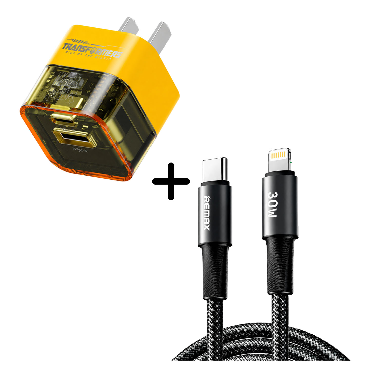 COMBO CARGADOR TRANSFORMERS TF-K05 AMARILLO 20W + CABLE REMAX CB25 C-L - 1