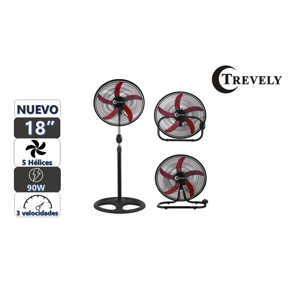 VENTILADOR 18' TREVELY VT-1832 - ROJO - 90W - 3 EN 3 - 1