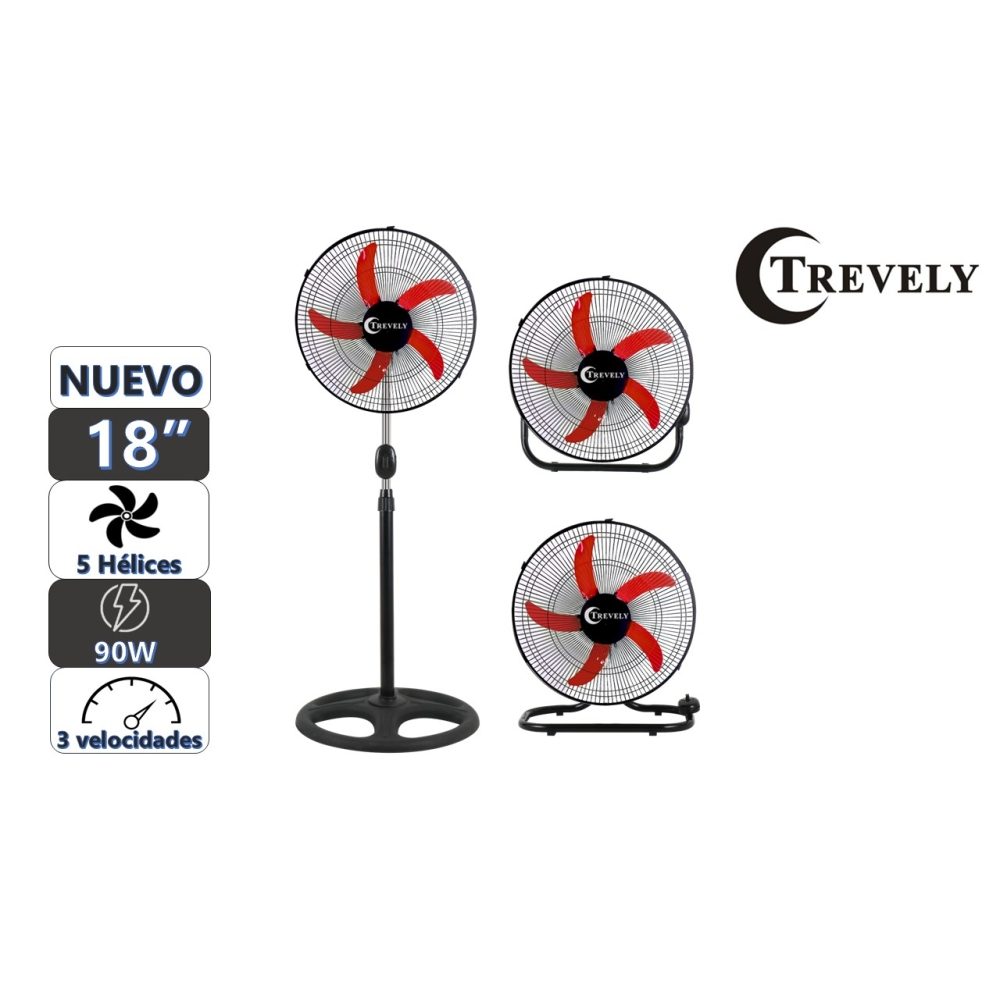 VENTILADOR 18' TREVELY VT-1834 - ROJO - 90W - 3 EN 1 - 1