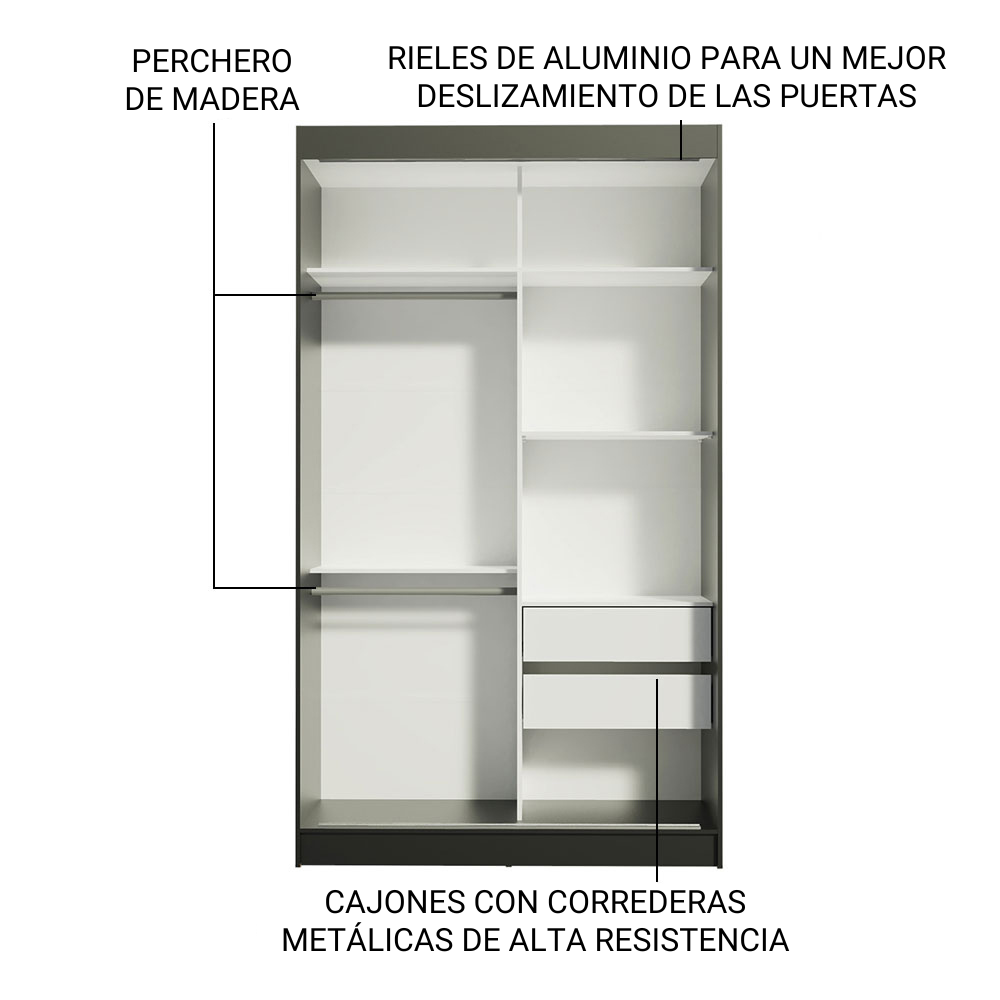 ROPERO MADESA 10972E TOKIO CORREDIZAS ESPEJO 2 PUERTAS 2 CAJONES MARRON - 3