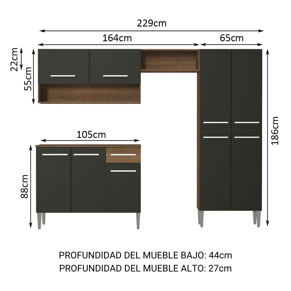 MUEBLE DE COCINA INTEGRAL EMILLY POP 229 CM - MARRÓN/NEGRO - 2