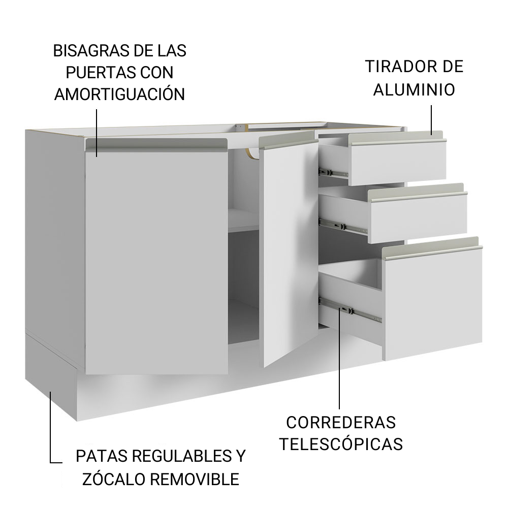 GABINETE MADESA BLANCO BAÑO 2 PUERTAS 3 CAJONES 120 CM - 3