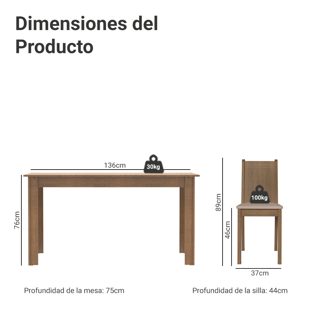 JUEGO DE COMEDOR ANALU CON 6 SILLAS - MARRÓN/BEIGE - 2