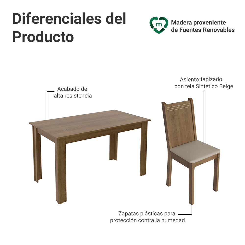 JUEGO DE COMEDOR ANALU CON 6 SILLAS - MARRÓN/BEIGE - 3
