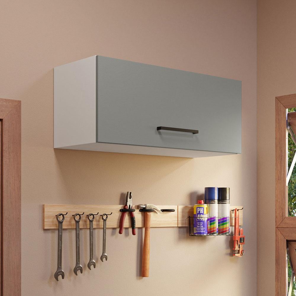 MUEBLE SUPERIOR DE ALMACENAMIENTO PARA GARAJE MULTIUSO AGATA 1 PUERTA ABATIBLE 80 CM - BLANCO/GRIS - 2